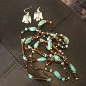 Over the head long faux turquoise necklace paired w/Sparkly SW Eagle Earrings